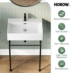 HOROW 24" x 17" Console Bathroom Sink with Stainless Steel Support Pedestal Legs, Free Standing Vanity Basin, Wall-Mount Modern Rectangular Ceramic Sink Porcelain, Matte Black