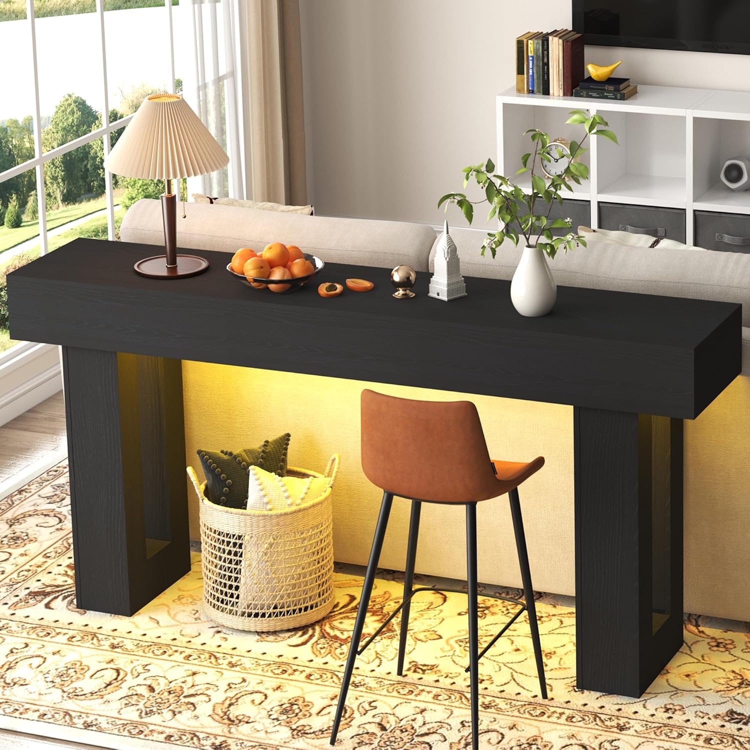 Depeht 63" Long Console Table with Power Outlet LED Lights, Wooden Farmhouse Sofa Behind Couch Table with Storage, Large Industrial Hallway Accent Furniture for Living Room, Entryway, Hallway (Black)