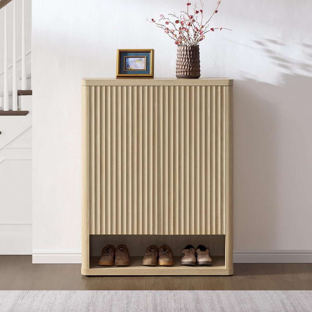 SICOTAS Shoe Cabinet 44 inch Tall Fluted Shoe Cabinet with Doors & 4 Shelves Wooden Large Hidden Shoe Storage Organizer Modern Free Standing 6-Tier Cabinet for Entryway Living Room Closet
