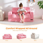 MAXYOYO Kids Bean Bag Chair, Upholstered Bean Bag Sofa Cloud 2-Seat for Boys and Girls, Boneless Couch with Tufted Cushion & Pillows, Kids Sofa in A Box, No Assembly Required, Pink