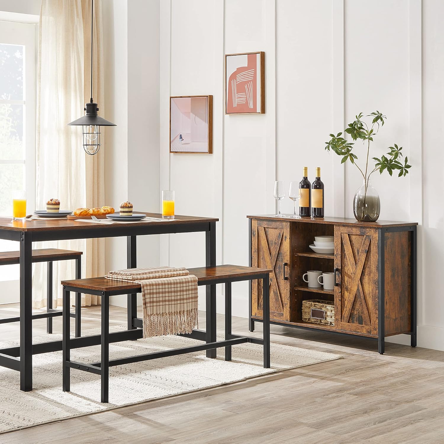 VASAGLE Dining Bench, Pair of 2, Industrial Style, Steel Frame, for Kitchen, Living Room, 12.8 x 42.5 x 19.7 Inches, Rustic Brown + Black，UKTB33X