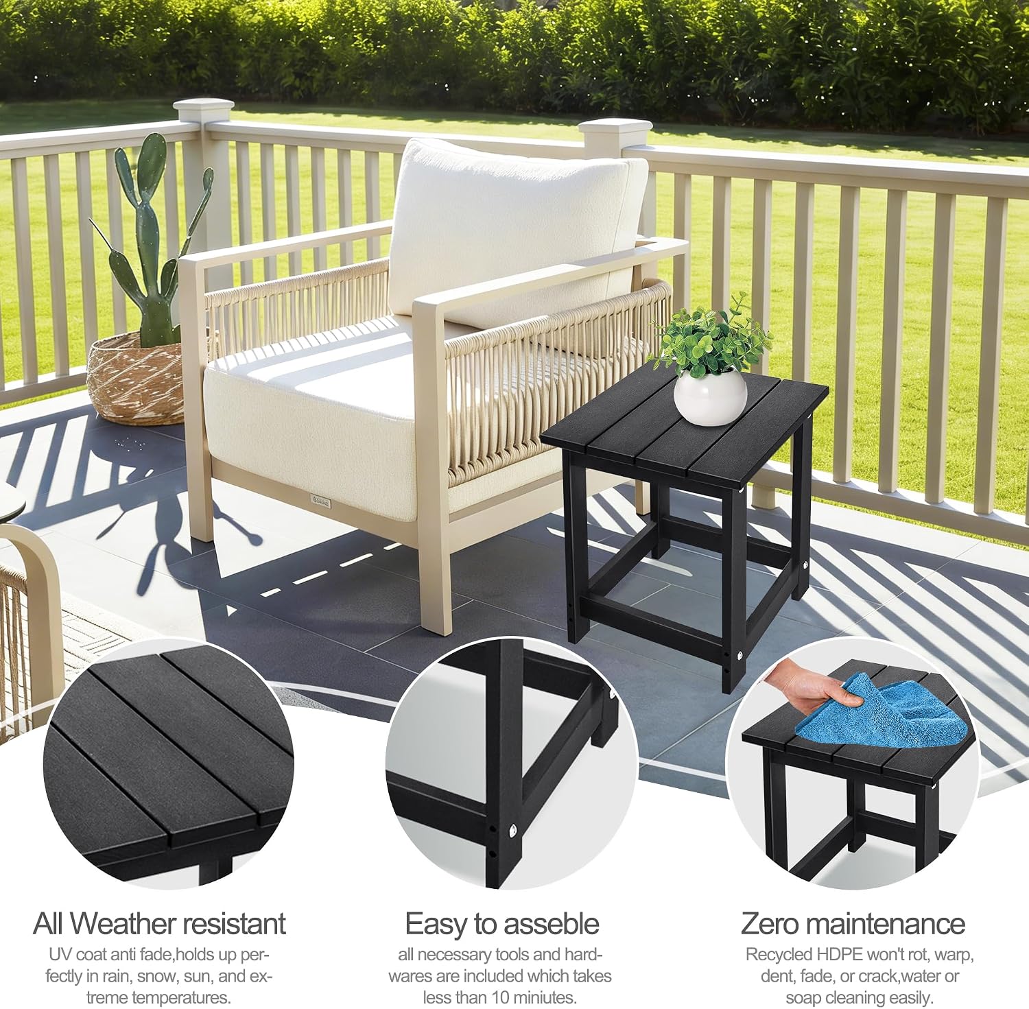 LZRS Patio Side Table, Heavy Duty HDPE Outdoor End Table with Wood Texture, Weatherproof Composite Table for Adirondack Chairs, Deck, Pool, Indoor/Outdoor, No Peeling or Cracking(Black)