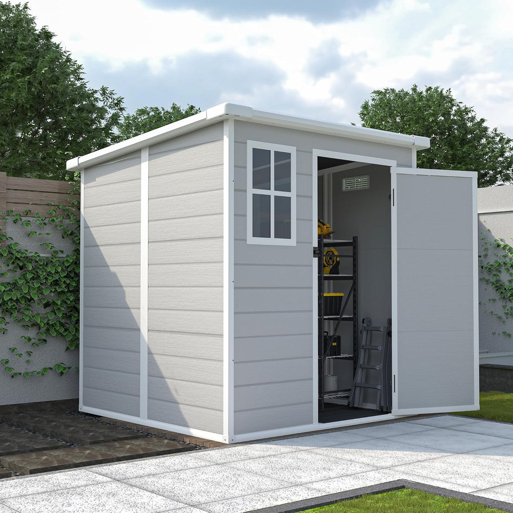 6x6 FT Resin Storage Shed, Waterproof Plastic Storage Shed with Floor & Window, All Weather Outside Tool Storage Cabinet with Lockable Doors and Vents for Bike, Garden, Backyard Lawn, Light Grey