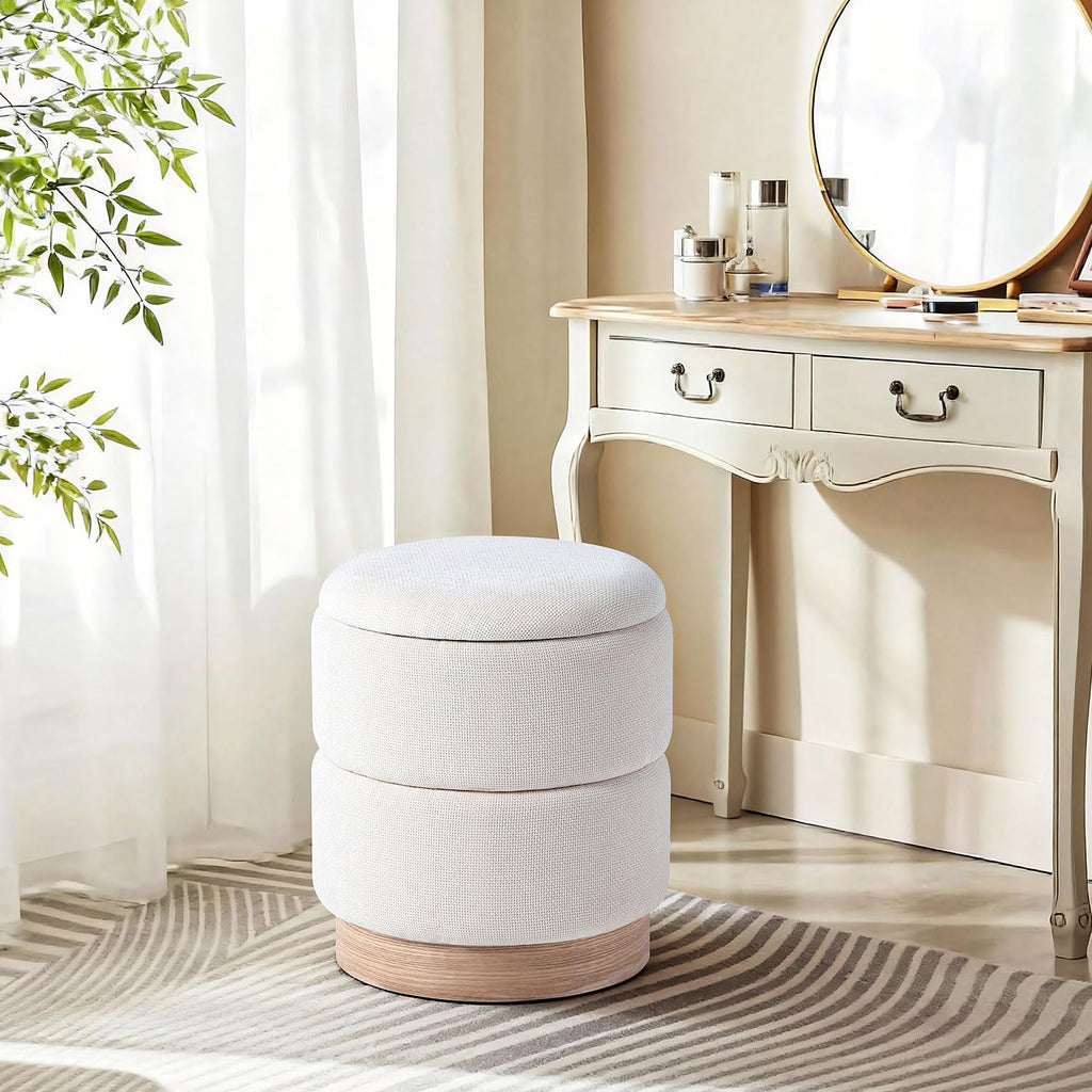 Get Set Style Round Ottoman with Storage, Modern Linen Ottoman Upholstered Foot Stools with Wood Base, Vanity Stool Chair, Footrest Stool Extra Seat for Living Room Bedroom Entryway (Beige)