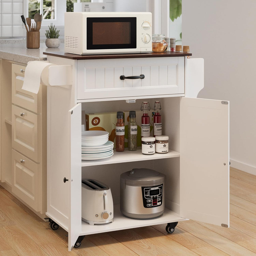Gizoon Kitchen Island Cart with Adjustable Shelf, 33" W White Mobile Trolley Cart on Metal Wheels with Drawer & Storage Cabinet, Spice Rack & Towel Rack, for Dining Room, Bar, Retro Wooden Countertop