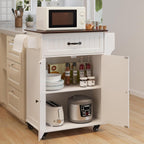 Gizoon Kitchen Island Cart with Adjustable Shelf, 33" W White Mobile Trolley Cart on Metal Wheels with Drawer & Storage Cabinet, Spice Rack & Towel Rack, for Dining Room, Bar, Retro Wooden Countertop