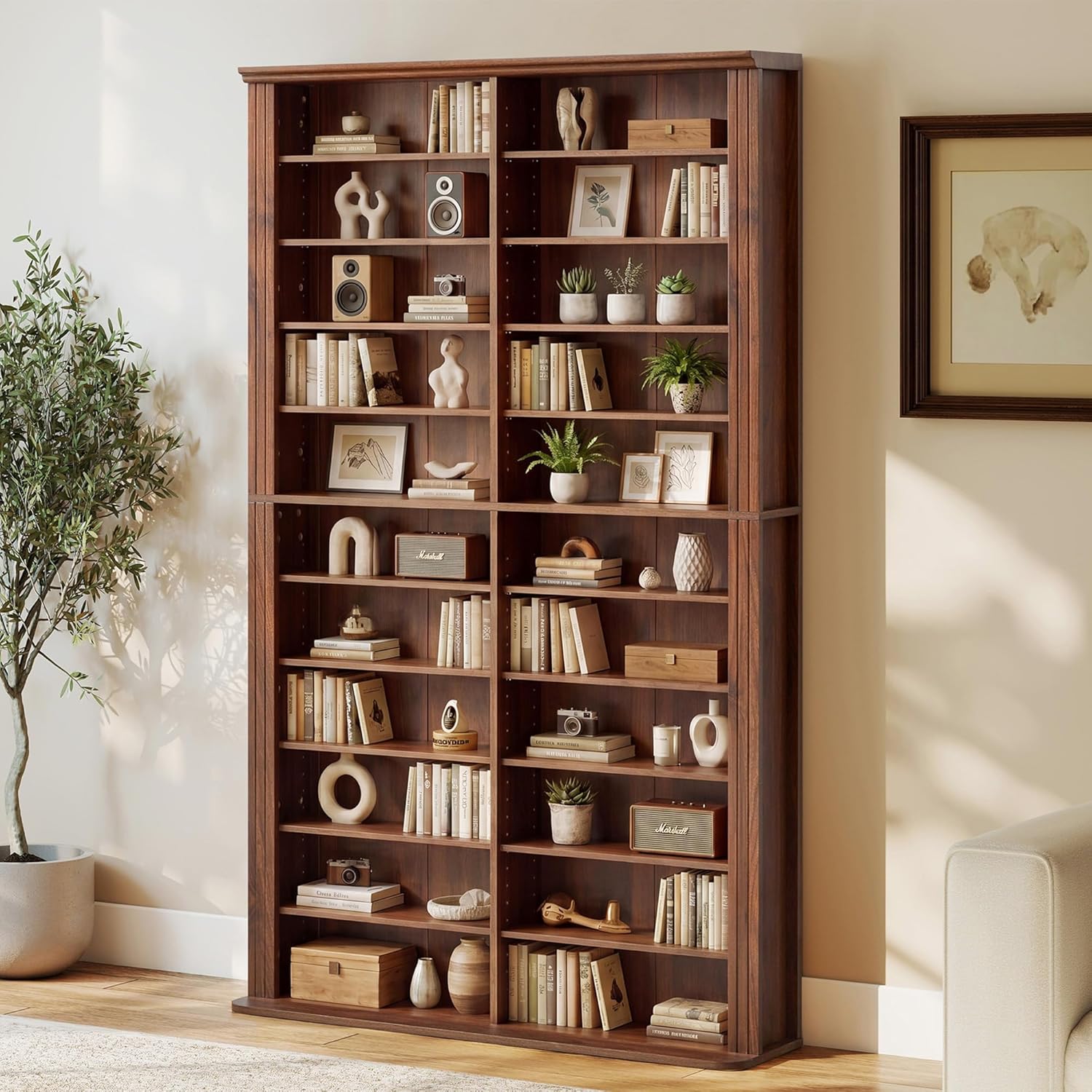 LEVNARY 71" Media Storage Tower, 22-Compartment Multimedia Cabinet with Adjustable Shelves, Fluted Grooved Sides, Anti-Tip Kit, for Movies, Games and Books (Walnut)