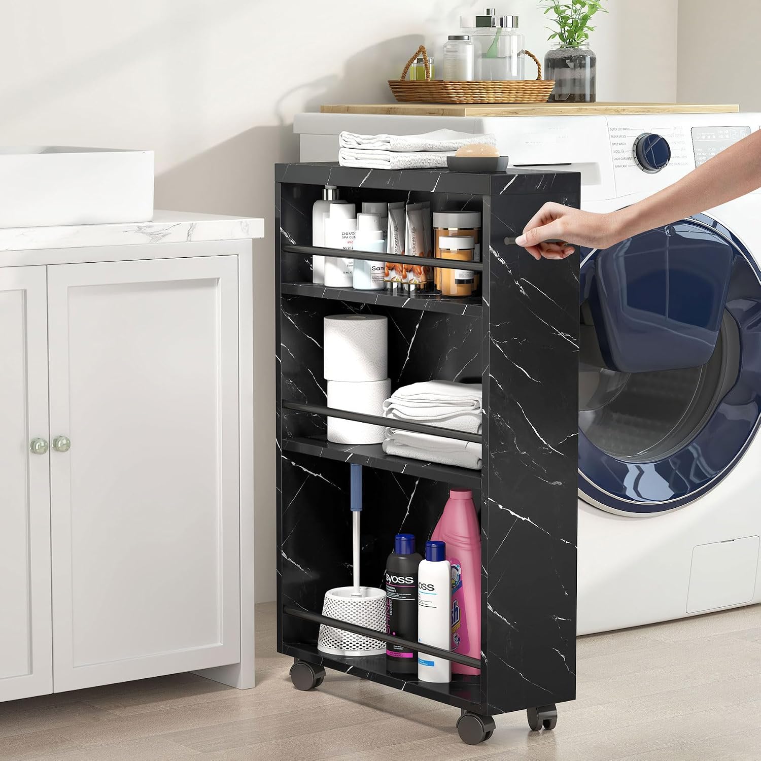 Tribesigns Slim Storage Cart, Rolling Narrow Kitchen Cart on Wheels for Small Place, 4-Tier Slide Out Slim Utility Cart Skinny Laundry Cart with Handle for Kitchen, Bathroom, Laundry (Contemporary)