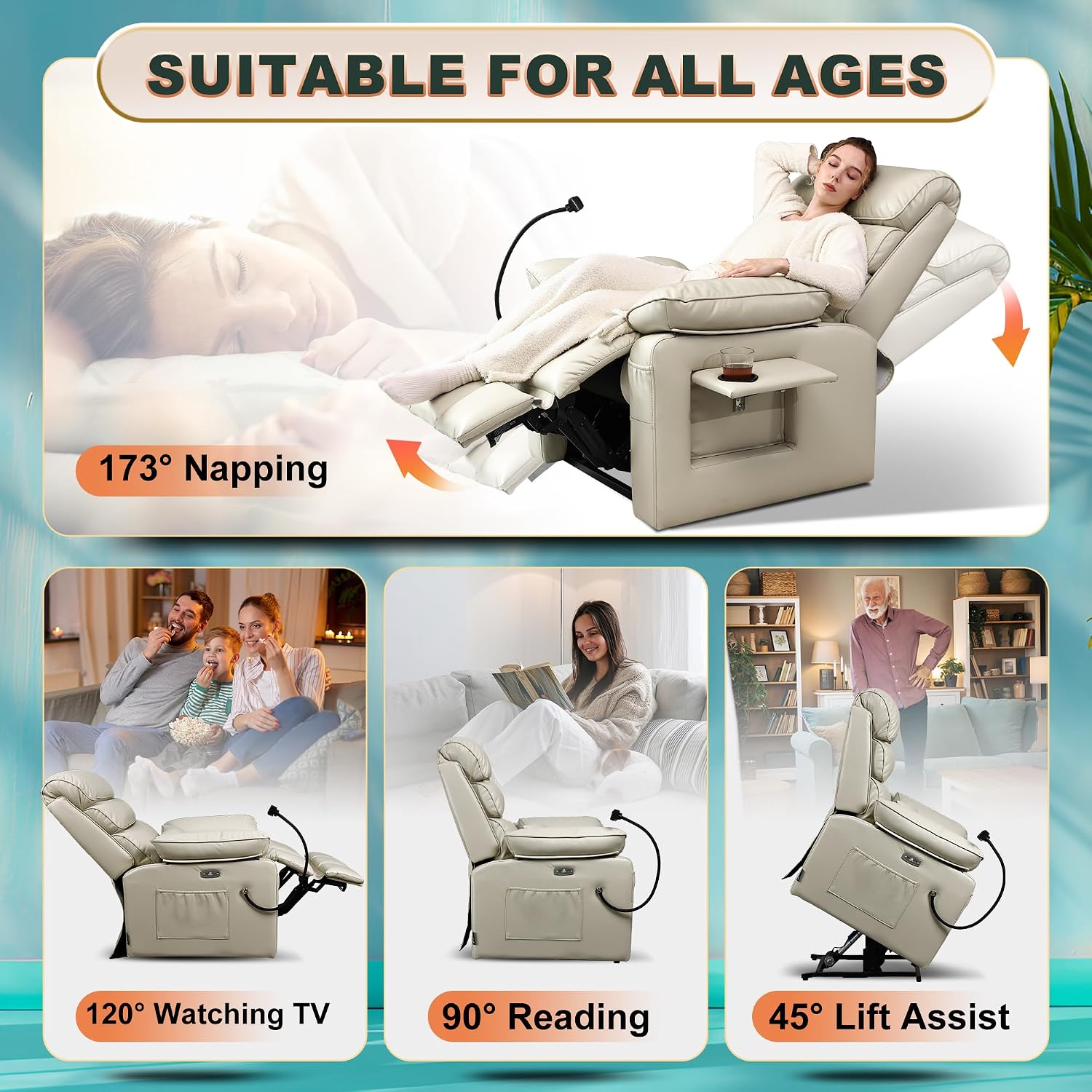 Dual Motor Recliner Chair with Heat & Massage,Faux Leather Power Lift Recliner Chair for Elderly,Cup Holder Tray,Phone Holder,Detachable Armrests,USB & Type-C Ports,Pillow(White Leather)