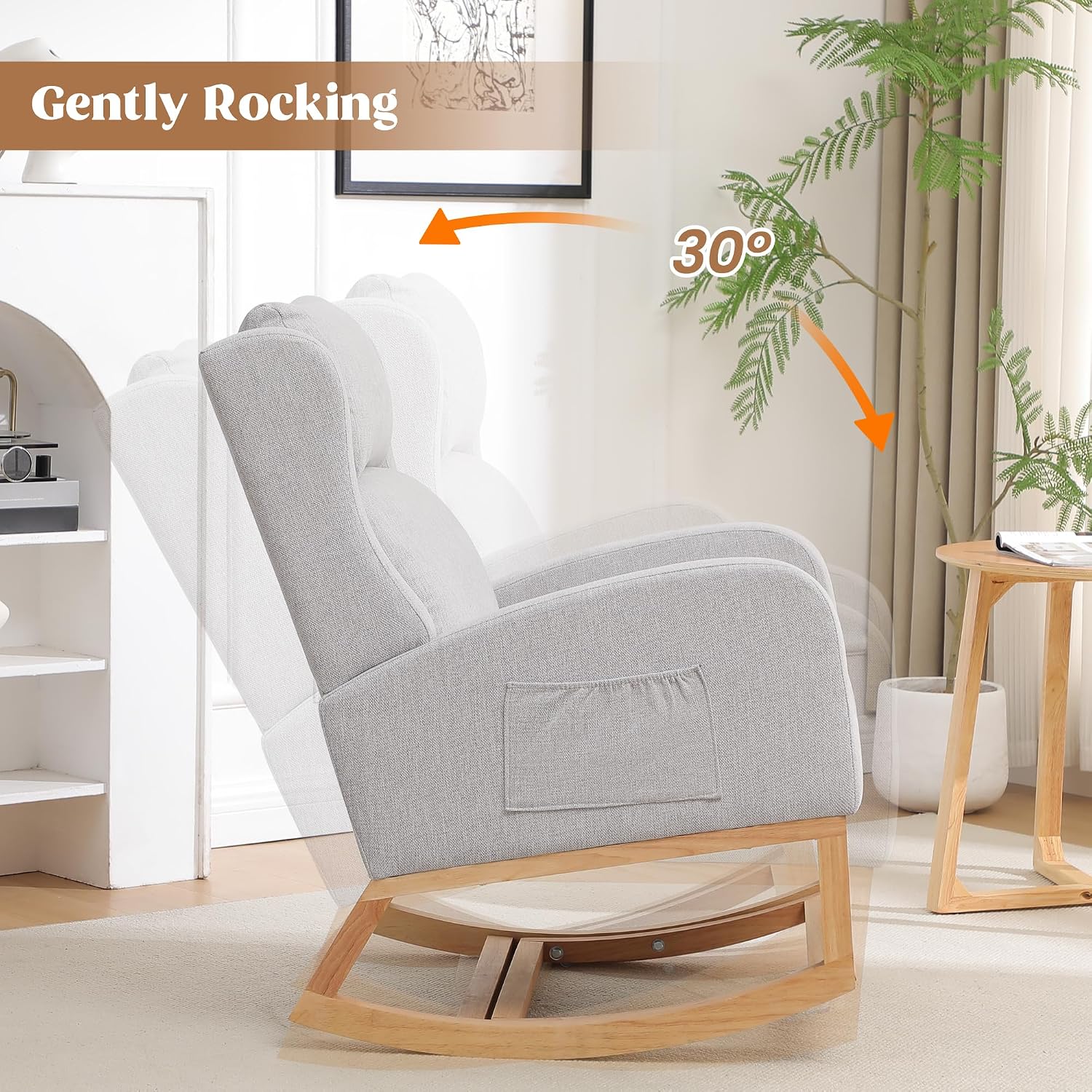 HCHAIRH Rocking Chair Nursery, Nursing Rocking Chairs for Mom Nursery, Comfy Wingback Glider Rocking Armchair with Foot Rest and Side Pocket for Nursery Living Room Bedroom, Light Grey