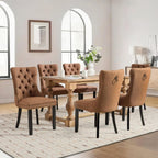 Linen Upholstered Dining Chairs Set of 6, Modern Style Kitchen Side Chairs with Nailhead Trim and Wood Leg, Metal Pulling Ring for Dining Room Living Room(Coffee,Set of 6)