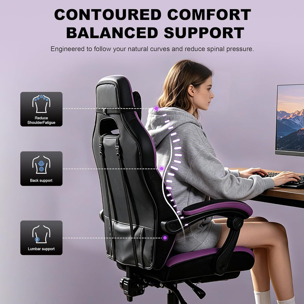 Big and Tall Gaming Chair 400lbs with Footrest - Heavy Duty Ergonomic Computer Office Chair for Adults, Wide Desk Chair with Pocket Spring Cushion & Linkage Armrests Purple