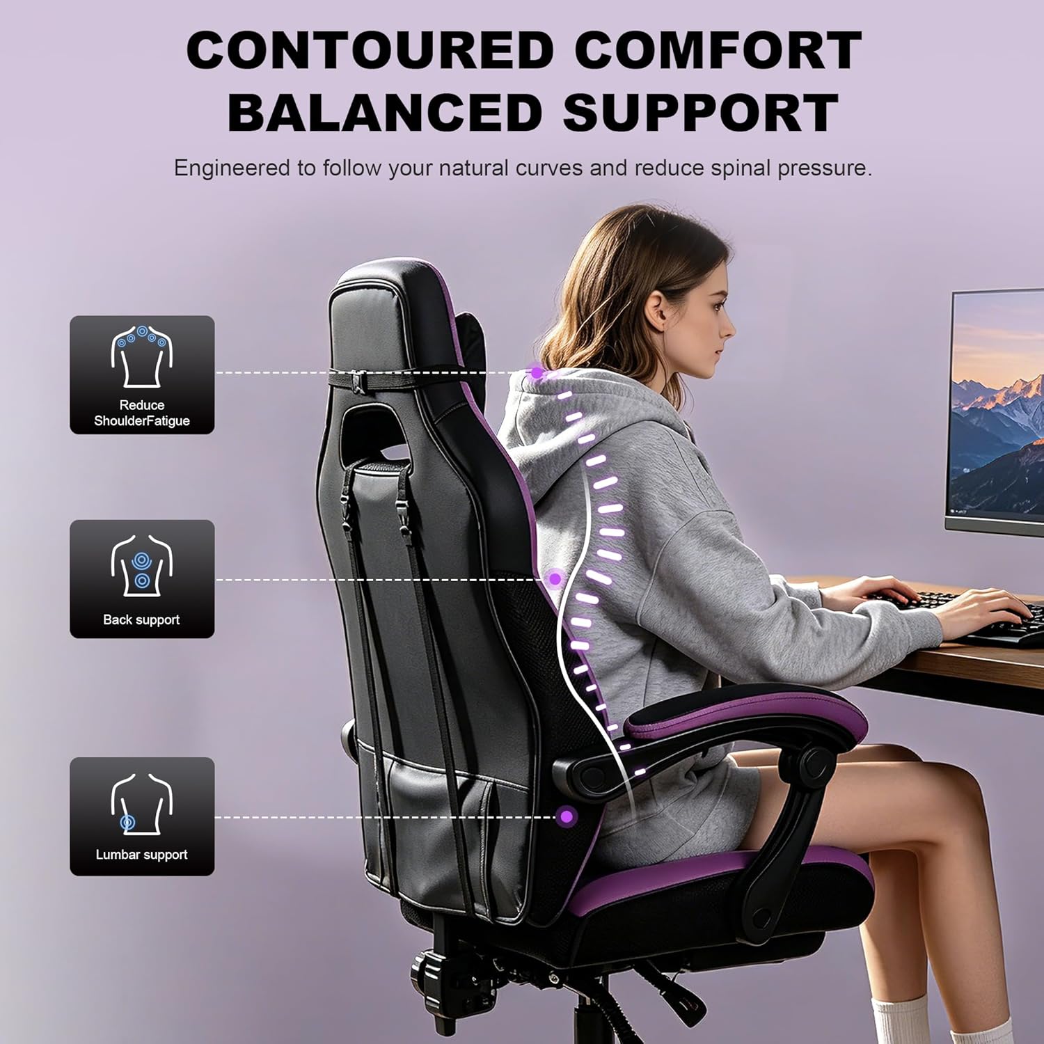 Big and Tall Gaming Chair 400lbs with Footrest - Heavy Duty Ergonomic Computer Office Chair for Adults, Wide Desk Chair with Pocket Spring Cushion & Linkage Armrests Purple