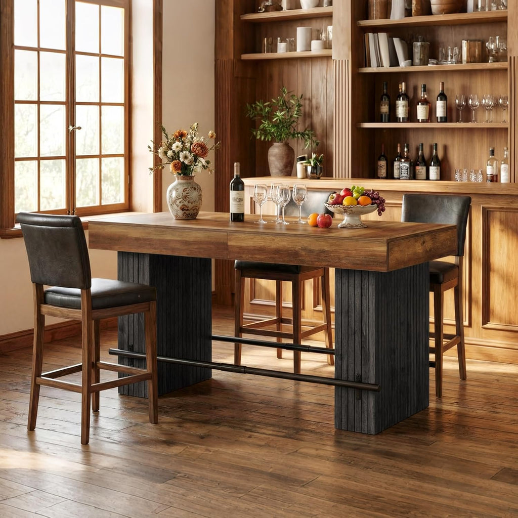 Tribesigns 63-Inch Counter Height Bar Table, Long Bar Table with Metal Footrest, Home Bistro Unit for Kitchen, Dining Room & Living Room, Rustic Brown and Black