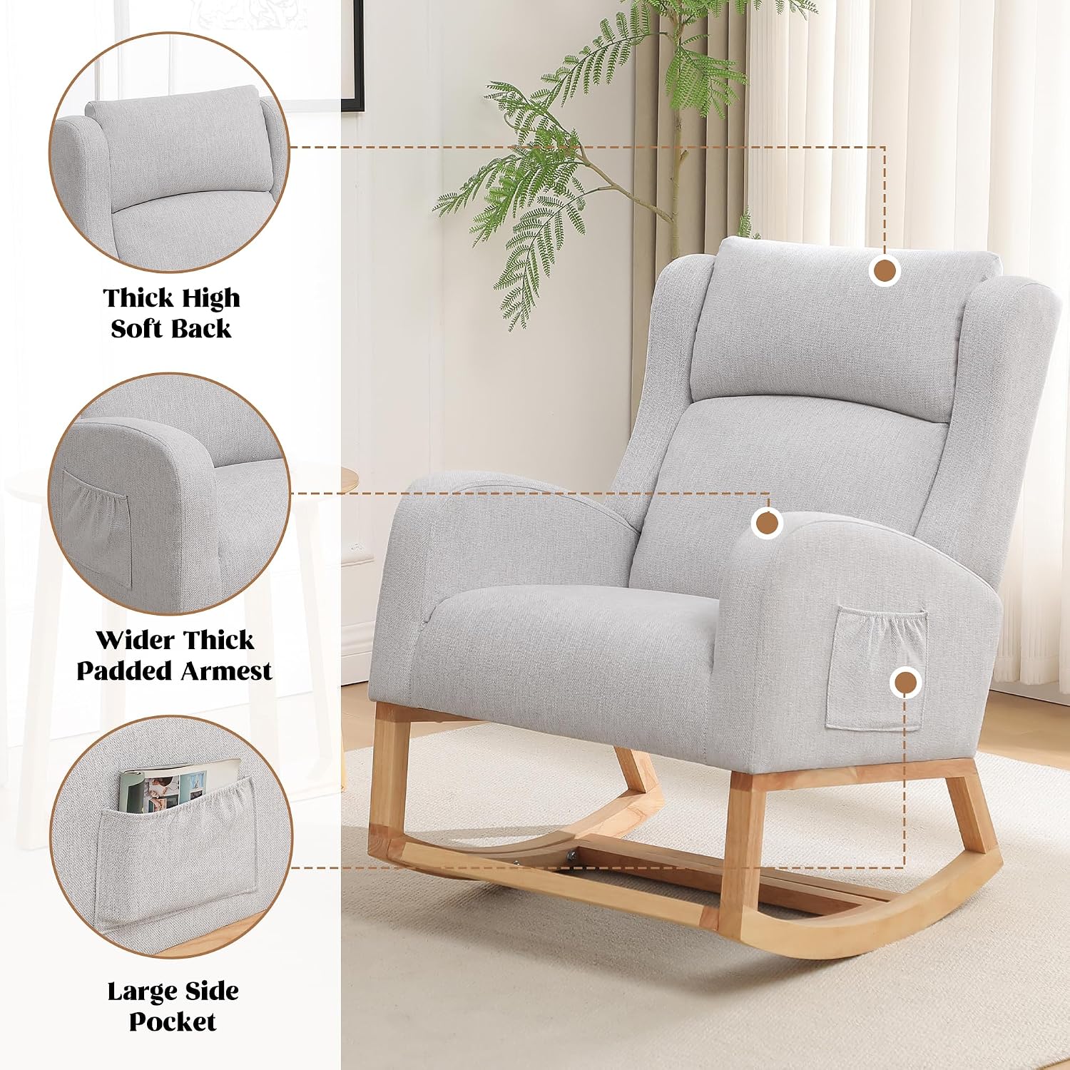 HCHAIRH Rocking Chair Nursery, Nursing Rocking Chairs for Mom Nursery, Comfy Wingback Glider Rocking Armchair with Foot Rest and Side Pocket for Nursery Living Room Bedroom, Light Grey