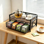 2 Tier Tea Bag Organizer - 8 Drawer Sliding Tea Box Organizer, Tea Bar Accessories Organizer for Countertop, Bar Station, Kitchen (Rustic Brown)
