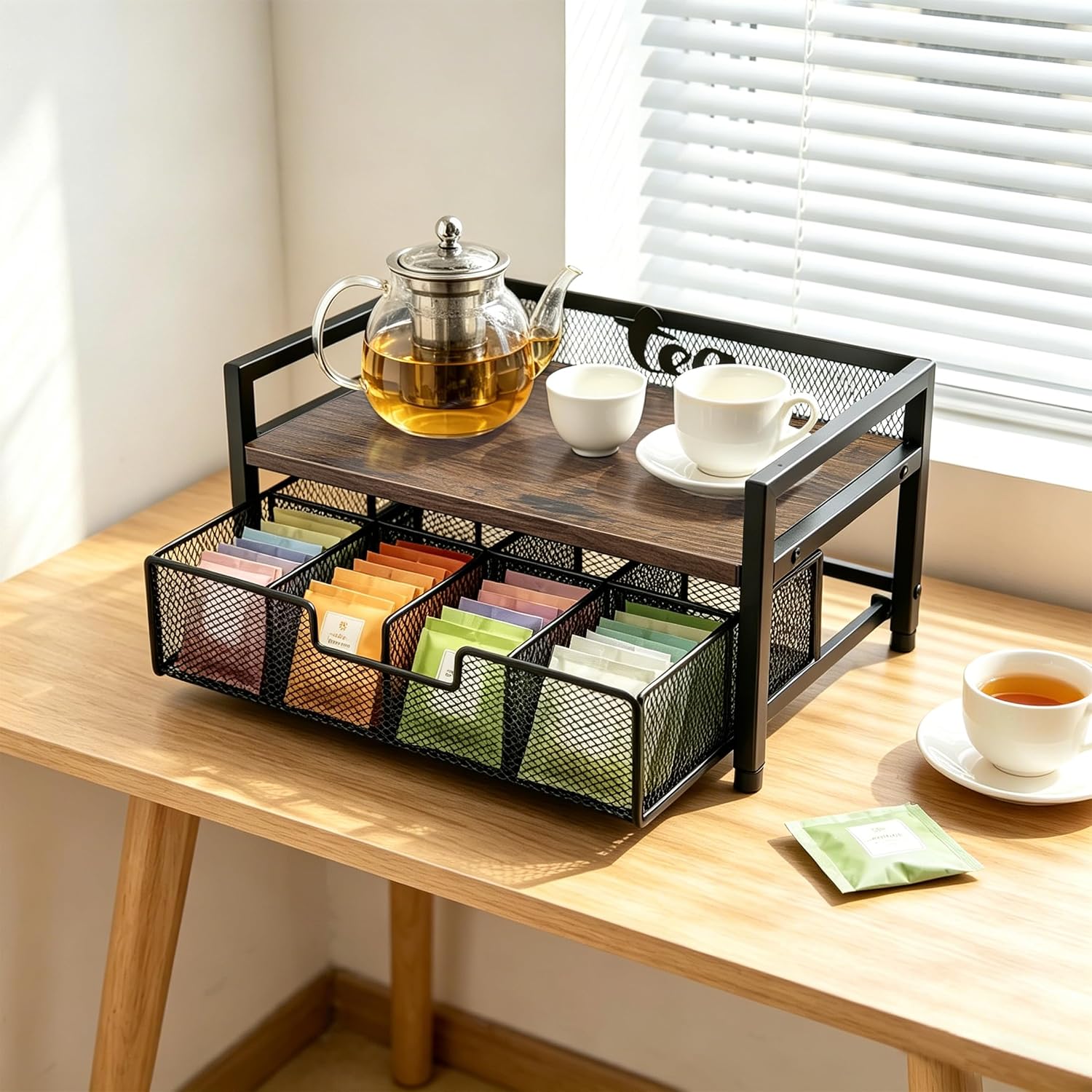 2 Tier Tea Bag Organizer - 8 Drawer Sliding Tea Box Organizer, Tea Bar Accessories Organizer for Countertop, Bar Station, Kitchen (Rustic Brown)
