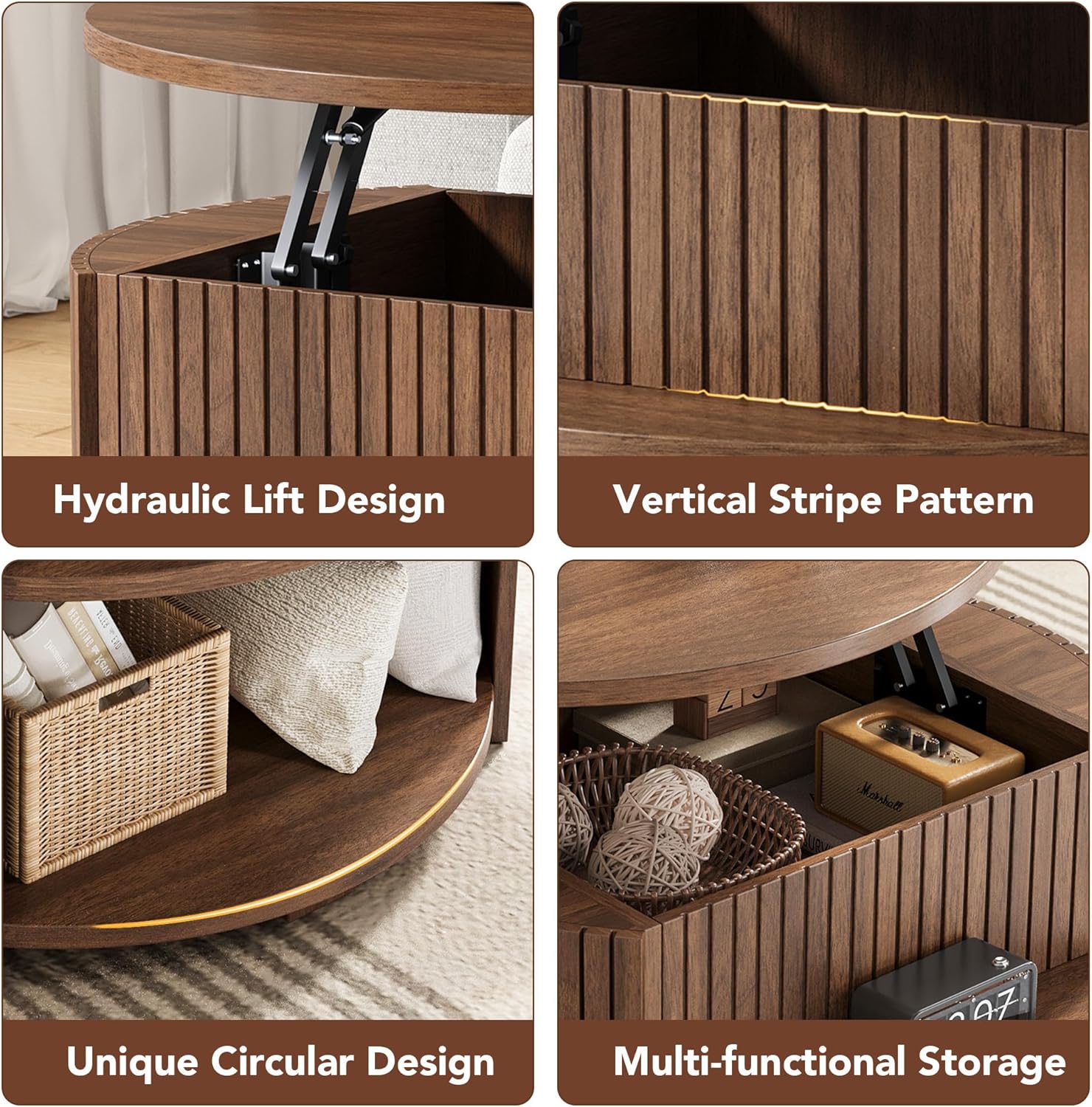 Decofy Round Lift Top Coffee Table with Storage, Fluted Mid-Century Modern Coffee Tables for Living Room, with Hidden Compartment & Open Shelves, for Small Spaces & Home Office(26.77" Walnut)