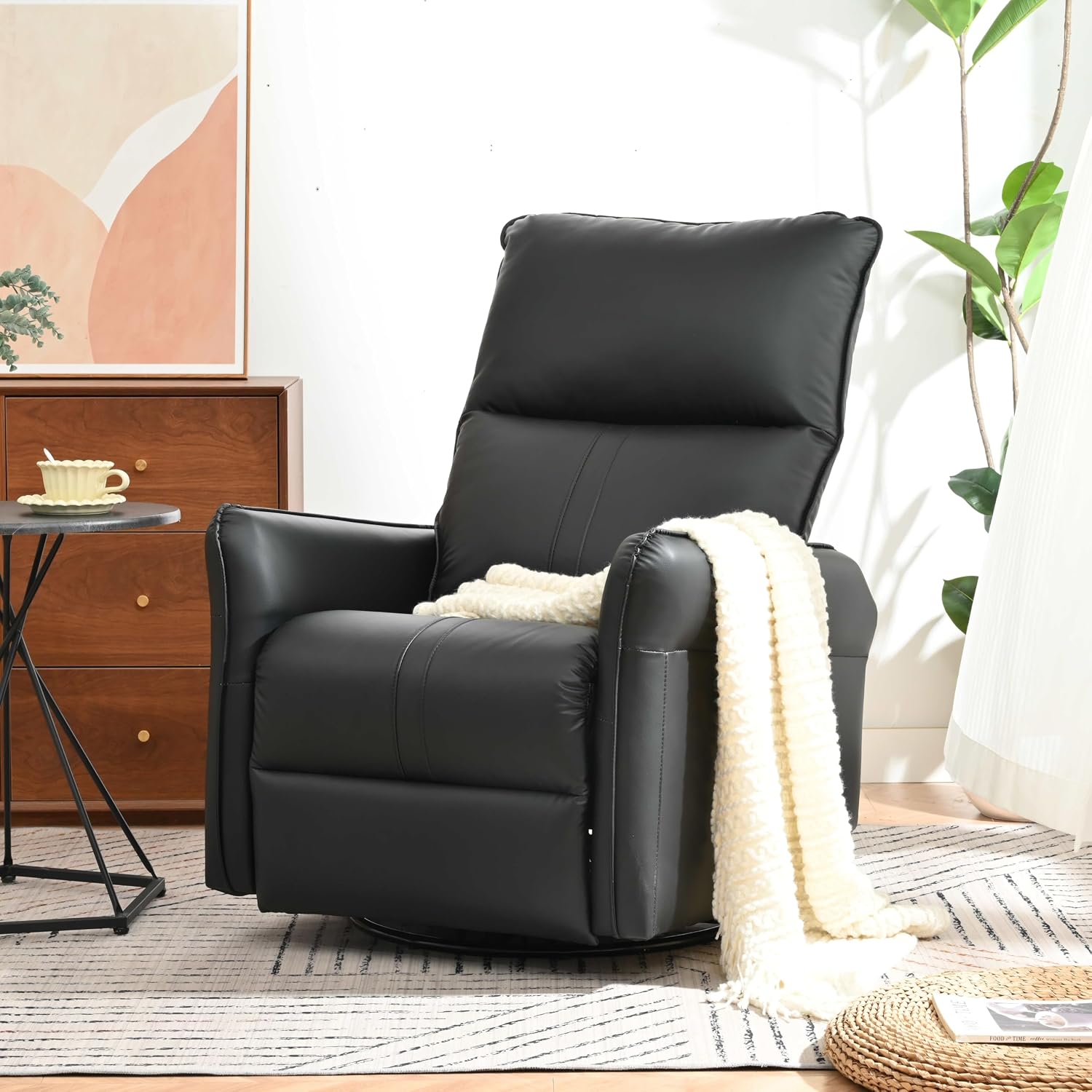 Recliner Chair with 270° Power Swivel & USB Ports,Electric Rocking Chair Nursery Glider in PU Faux Leather for Living Room, Bedroom (Black)