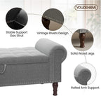 YOUDENOVA Ottoman with Storage, 51" End of Bed Bench with Rolled Arms, Upholstered Storage Bench with Vintage Rivets for Bedroom, Living Room, Entryway, Light Gray