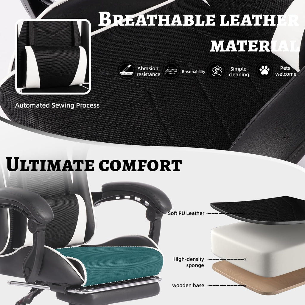 Gaming Chair, Computer Chair with Footrest and Lumbar Support,High Back Ergonomic Office Chair, Height Adjustable Game Chair with 360°-Swivel Seat and Headrest, for Office or Gaming (White)
