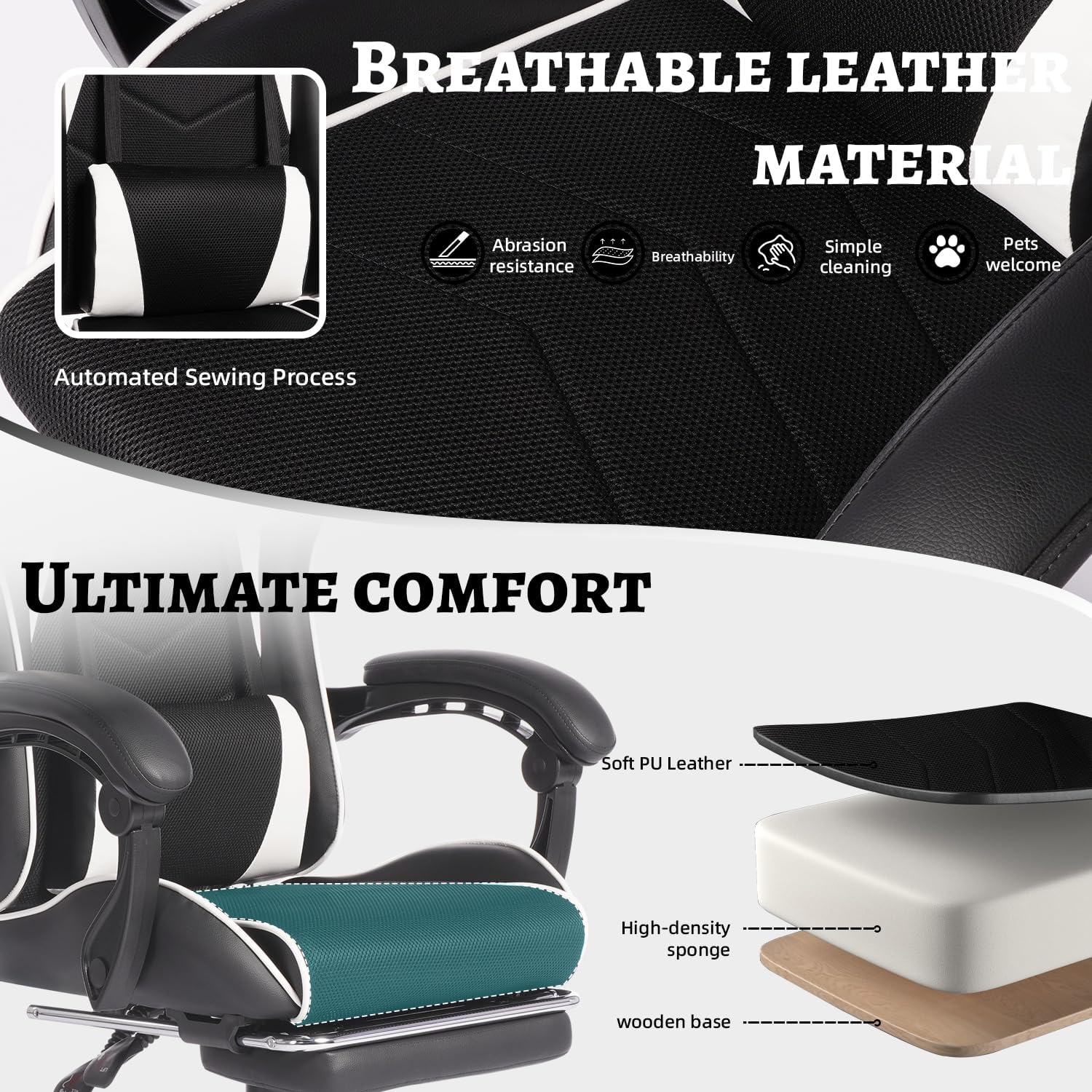 Gaming Chair, Computer Chair with Footrest and Lumbar Support,High Back Ergonomic Office Chair, Height Adjustable Game Chair with 360°-Swivel Seat and Headrest, for Office or Gaming (White)