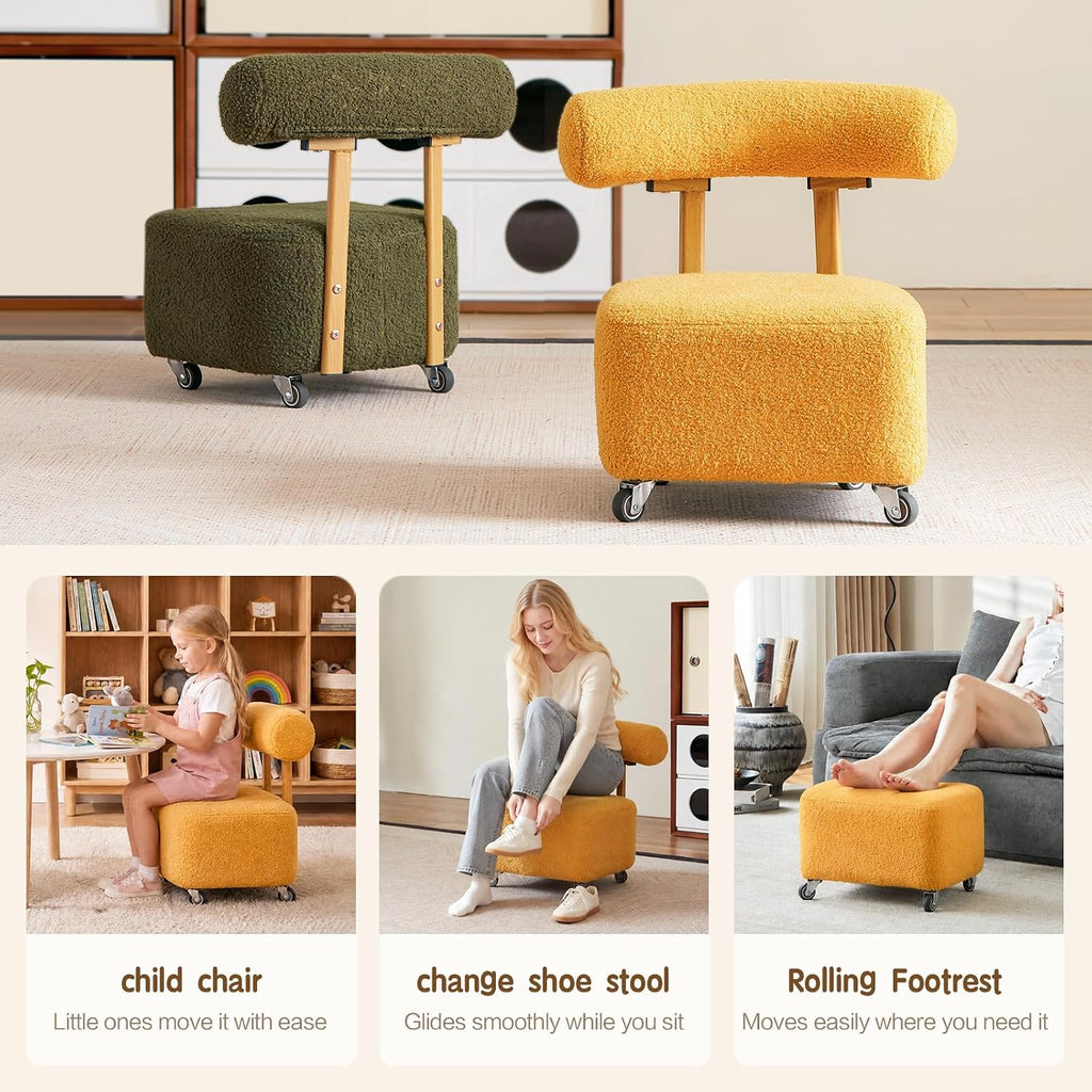 Toddler Rolling Chair with Backrest, Yellow | 230lbs Heavy Duty, Boucle Low Rolling Stool, Cute Sensory Furry Small Chair, 3-8 Years Old