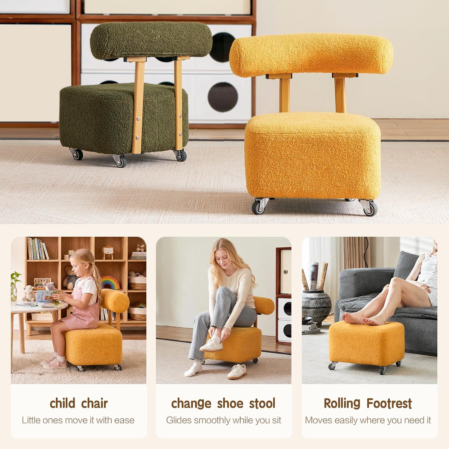 Toddler Rolling Chair with Backrest, Yellow | 230lbs Heavy Duty, Boucle Low Rolling Stool, Cute Sensory Furry Small Chair, 3-8 Years Old