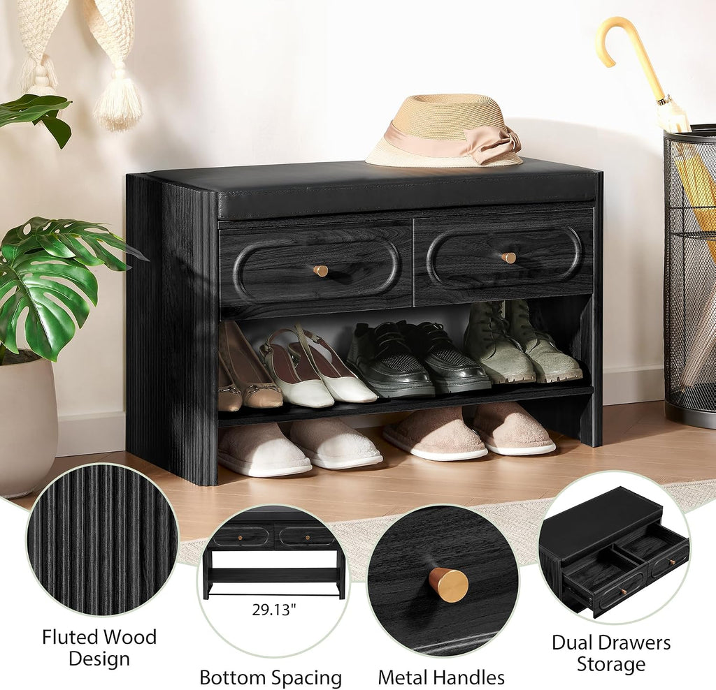 31.5" Shoe Bench, Shoe Storage Bench with Drawers, Waterproof Entryway Benches with Leather Cushion for Bedroom Black
