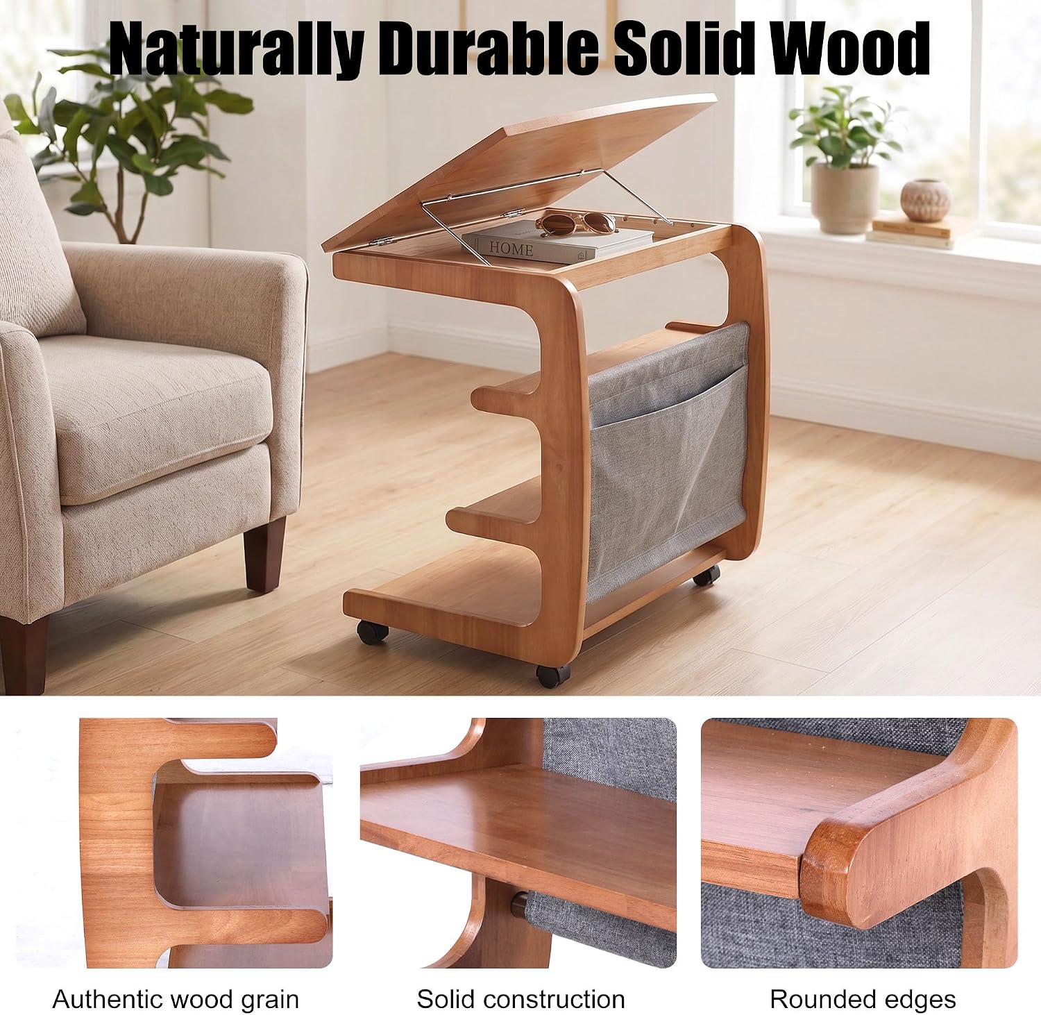 100% Solid Wood C Shaped End Table with Swivel Wheels, Lift Top Couch Table with Storage, Rolling Table that Slide Under Sofa & Bed, 15.75" D x 23.62" W x 24.8" H
