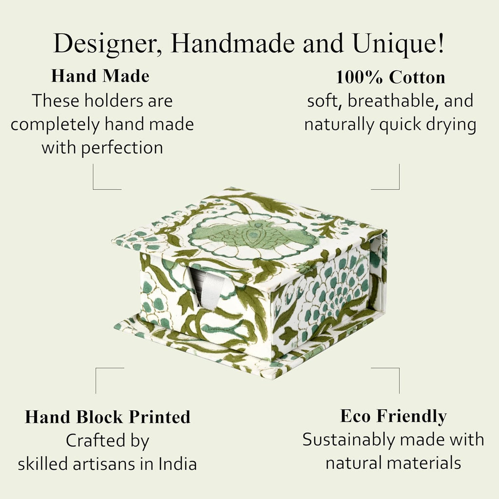 CPC Agate Green Block Print Cotton Desk Organizer Sticky Note Holder, 4'' X 4'' X 2'' Cute, Aesthetic, Decor Accessories, Workspace Organizers, Caddy Storage, Gift for Office, Professionals, Student