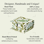 CPC Agate Green Block Print Cotton Desk Organizer Sticky Note Holder, 4'' X 4'' X 2'' Cute, Aesthetic, Decor Accessories, Workspace Organizers, Caddy Storage, Gift for Office, Professionals, Student