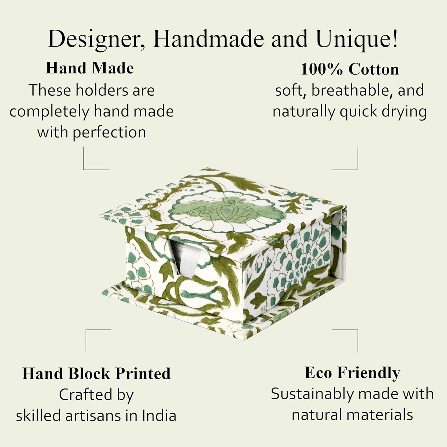 CPC Agate Green Block Print Cotton Desk Organizer Sticky Note Holder, 4'' X 4'' X 2'' Cute, Aesthetic, Decor Accessories, Workspace Organizers, Caddy Storage, Gift for Office, Professionals, Student