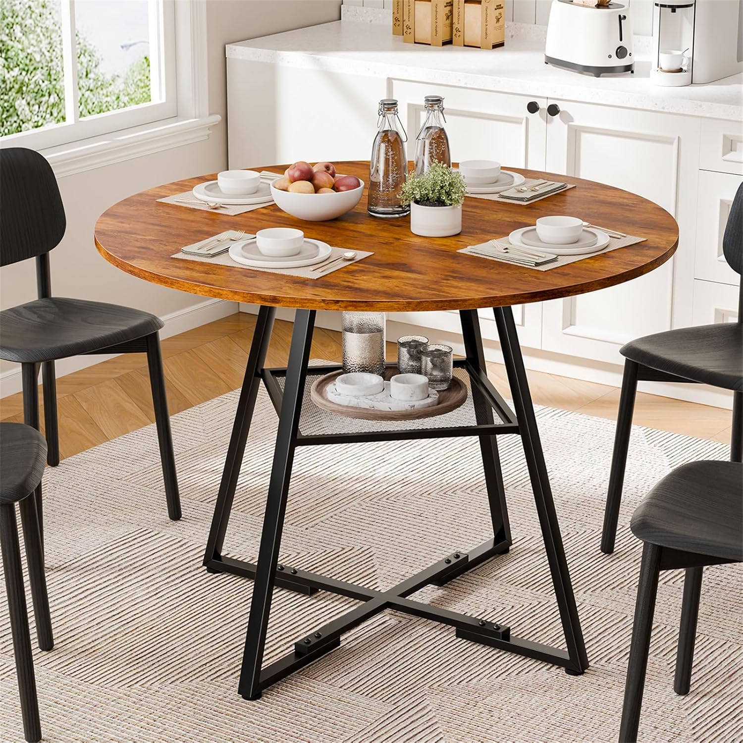 DUMOS 42" Round Dining Table for 4-6, Space Saving Kitchen Table with Dual-Tier Storage, Pedestal Metal Frame, Industrial Farmhouse Circle Dinner Table for Apartment, Vintage Wood