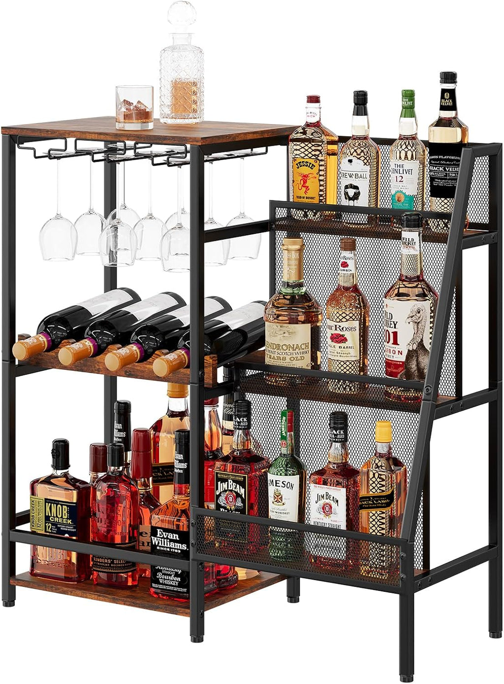 Versatile Liquor Stand for Home Bar, Wine Rack Freestanding Floor, Mini Bar Table for Liquor Whiskey Wine, 3-Tier Trapezoidal Liquor Bottle Display Shelf with Glass Holder and Fences(Patent Pending)