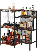 Versatile Liquor Stand for Home Bar, Wine Rack Freestanding Floor, Mini Bar Table for Liquor Whiskey Wine, 3-Tier Trapezoidal Liquor Bottle Display Shelf with Glass Holder and Fences(Patent Pending)
