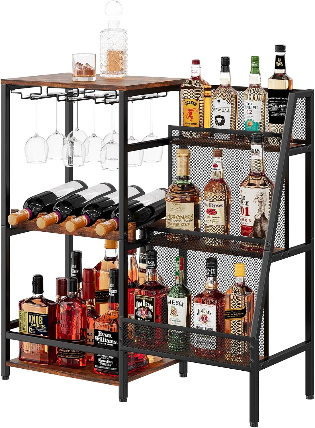 Versatile Liquor Stand for Home Bar, Wine Rack Freestanding Floor, Mini Bar Table for Liquor Whiskey Wine, 3-Tier Trapezoidal Liquor Bottle Display Shelf with Glass Holder and Fences(Patent Pending)