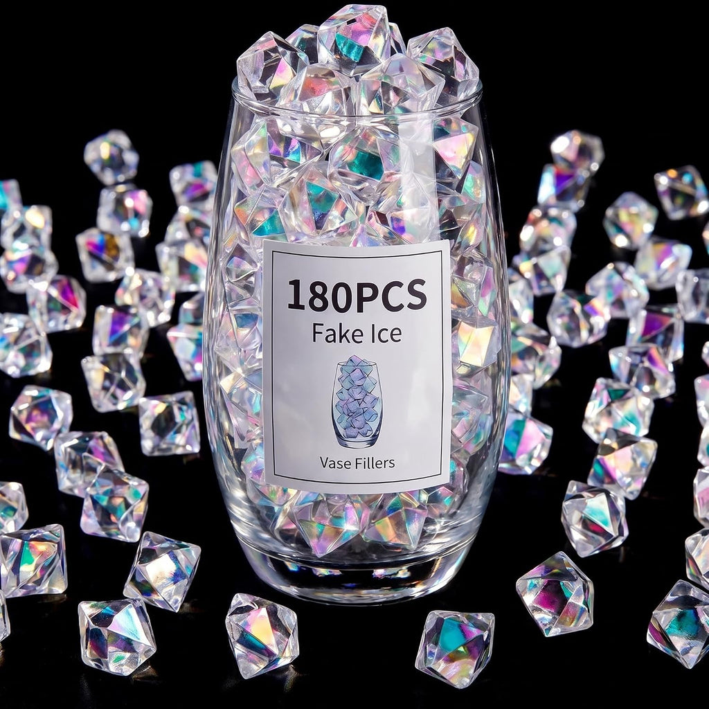 FUTUREPLUSX 180PCS Iridescent Fake Ice Rocks – Clear Acrylic Fake Ice & Plastic Gems for Vases, Table Scatter & Gems/Jewels for Crafts, Wedding Centerpieces, Fish Tank & Home Decor