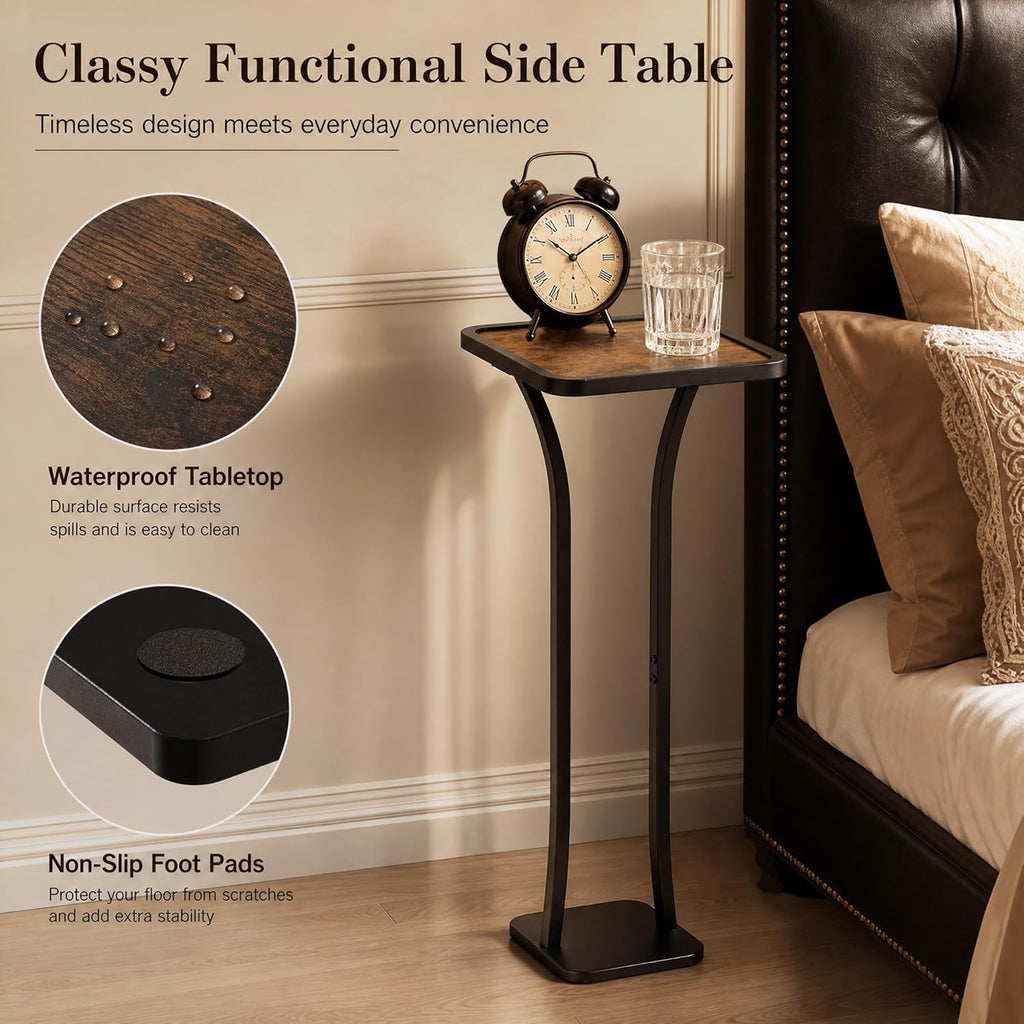 Small Square Side Table, Drink Table with Weighted Base, Solid Wood & Metal Accent Table for Small Spaces, Pedestal End Table for Living Room, Bedroom, Office(Black + Walnut)