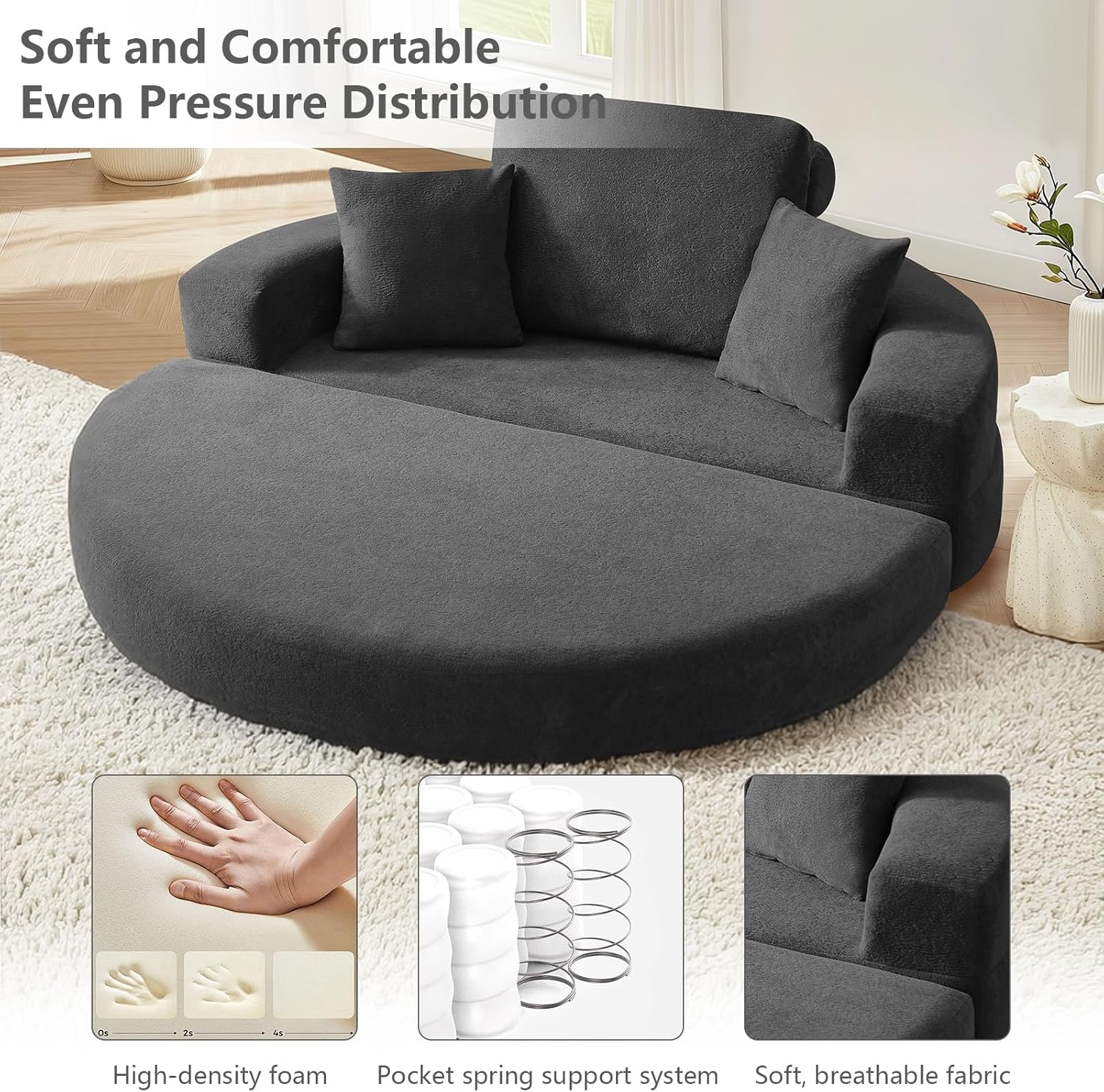 79" Foldable 2-in-1 Oversized Round Chaise Lounge,Chenille Fabric Reading Nook Chair with Ottoman,Boneless Chair with 2 Throw Pillows,Couch Chair Suitable for Living Room, Bedroom,No Assembly(Gray)