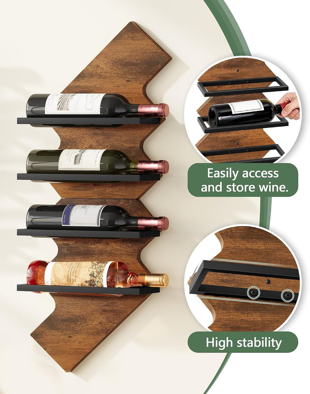FAVOOSTY Wine Rack Wall Mounted 4 Bottle Pack, Creative Wine Racks Wood and Metal, Lightning Shaped, Home Decorative Storage Wine Rack, Brown