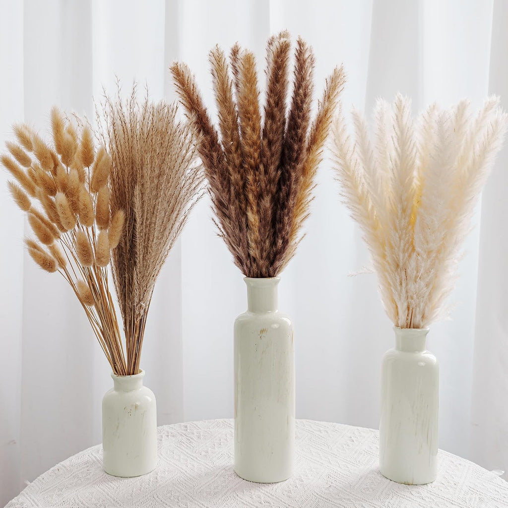Pampas Grass with Vase Set – 3 Beige White Ceramic Vases with Natural Dried Pampas, Bunny Tails & More – Neutral Farmhouse Decor for Fireplace, Home, Mantel, Entryway, Kitchen & Boho Table Centerpiece
