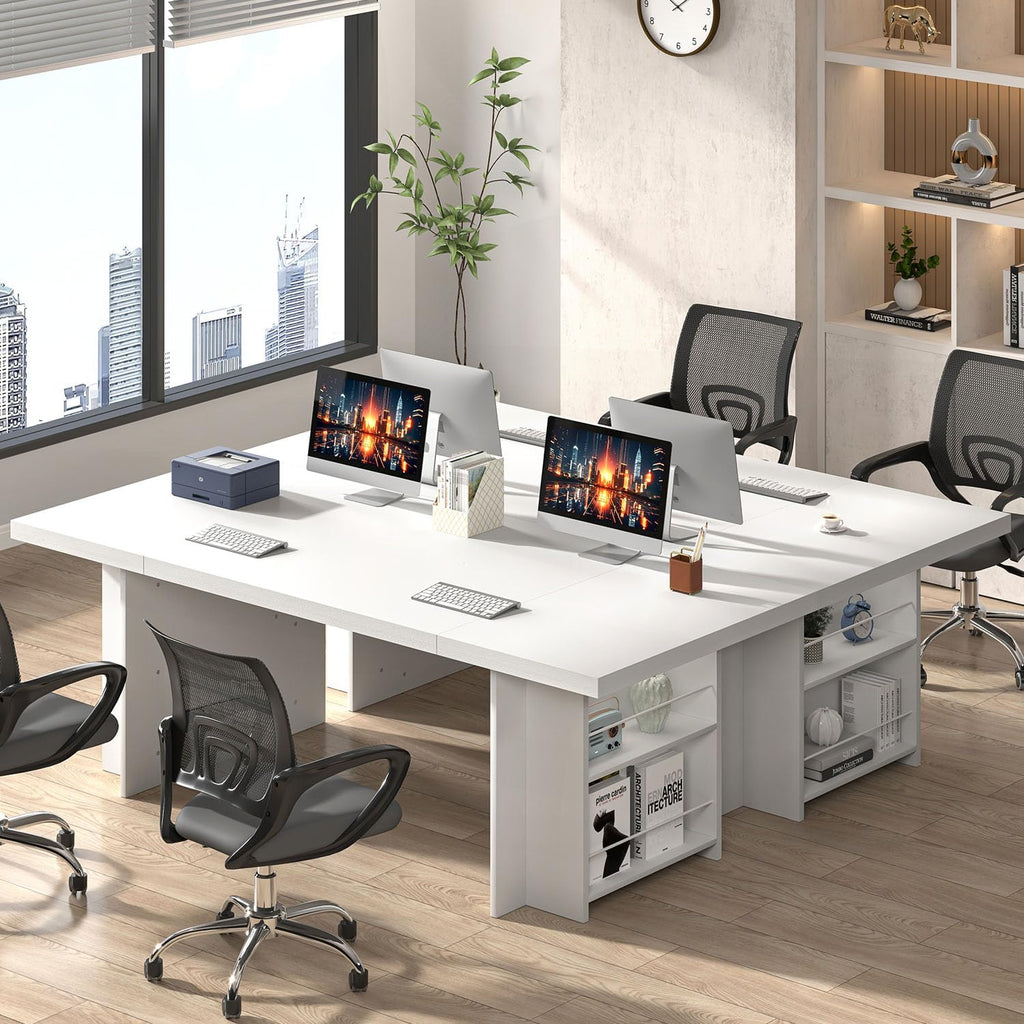 FOLUBAN 70" White Computer Desk, Large Executive Desk for Home Office, Modern Wood Conference Table Workstation with Side Storage Shelves, Long Study Writing Gaming Table for 2 Person