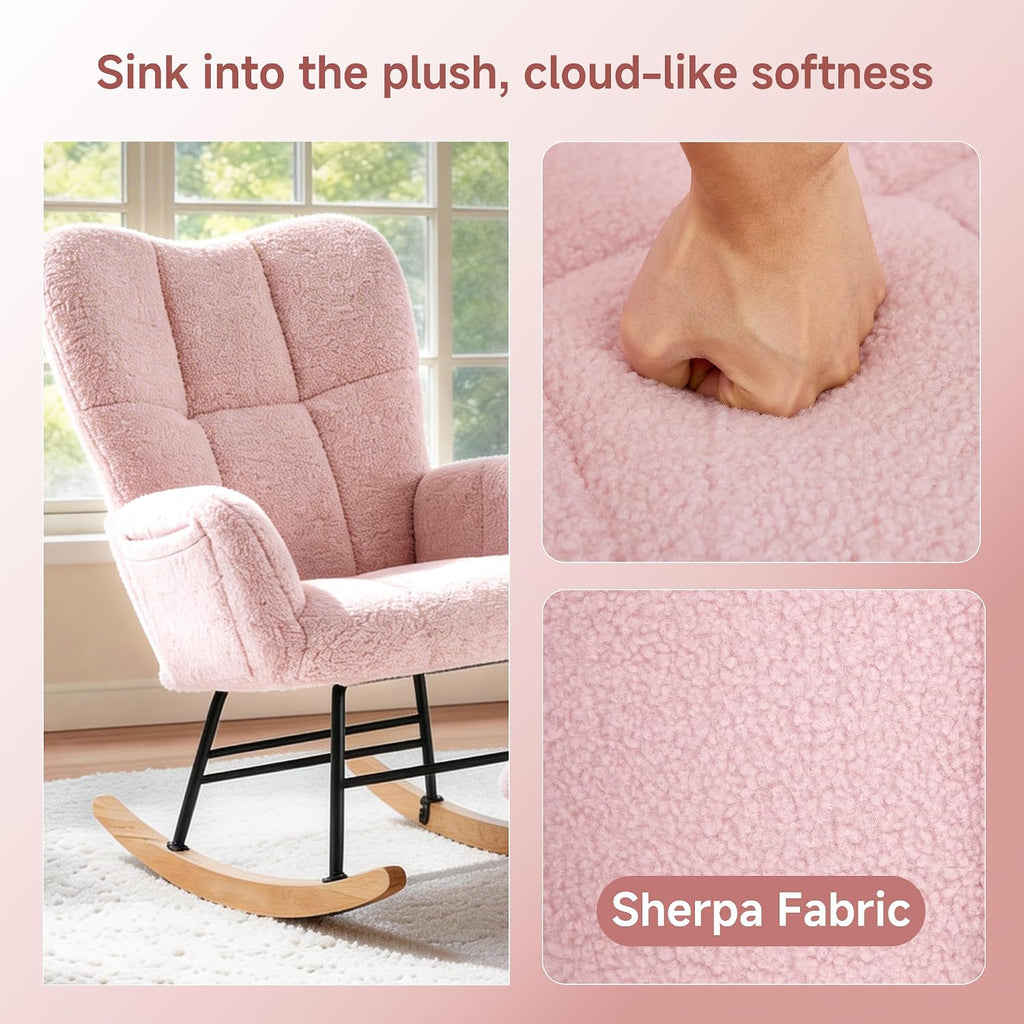 KEEZY Nursery Rocking Chair with Footrest Upholstered Glider Rocker Padded Seat with High Backrest Armchair Comfy Side Chair for Living Room Bedroom Pink Sherpa