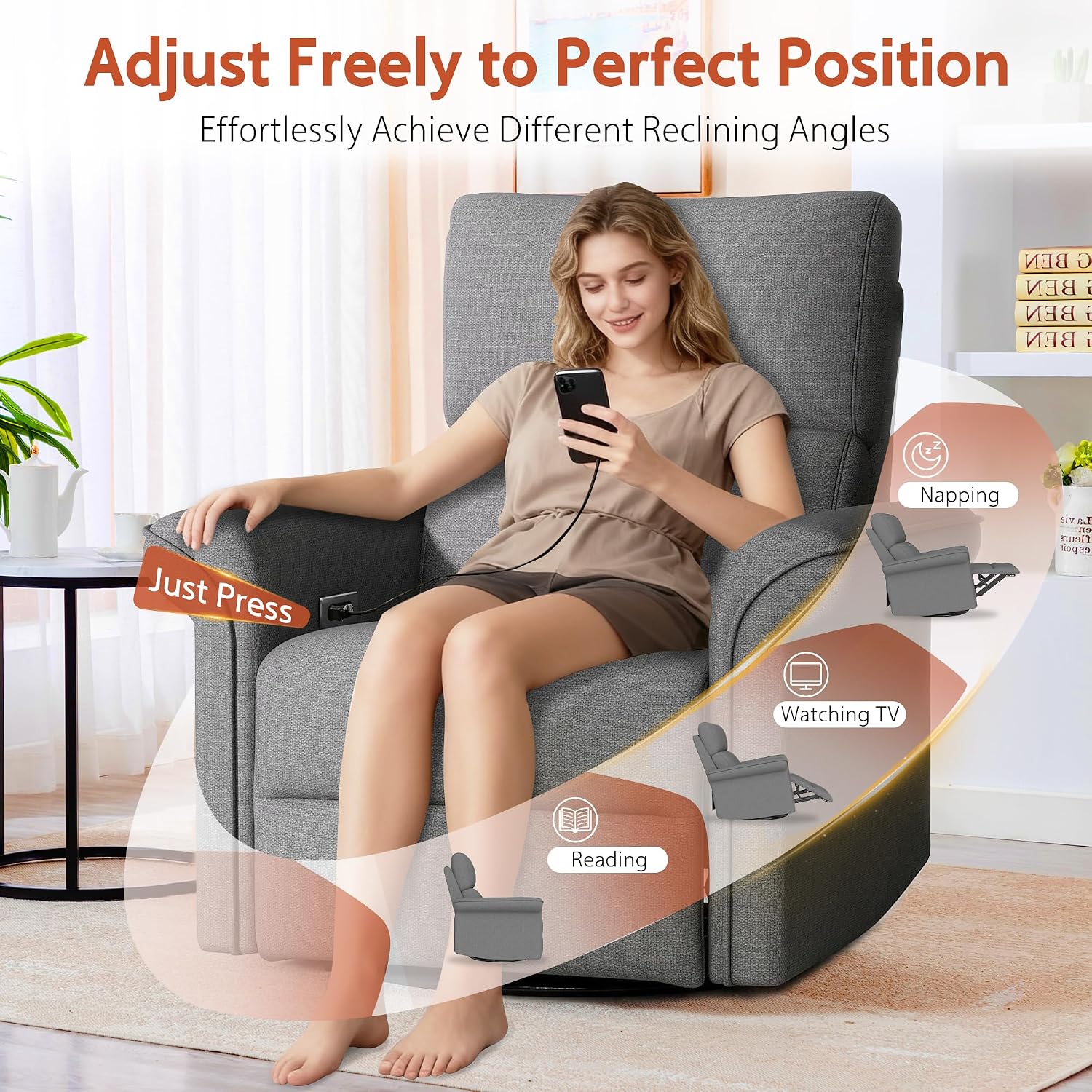 Rocker Chair, Nursery, Dark Gray Fabric Chair, 270 Degree Glider Rocking Chair with 150 Degree Recline, Wide Arms for Living Room Bedroom