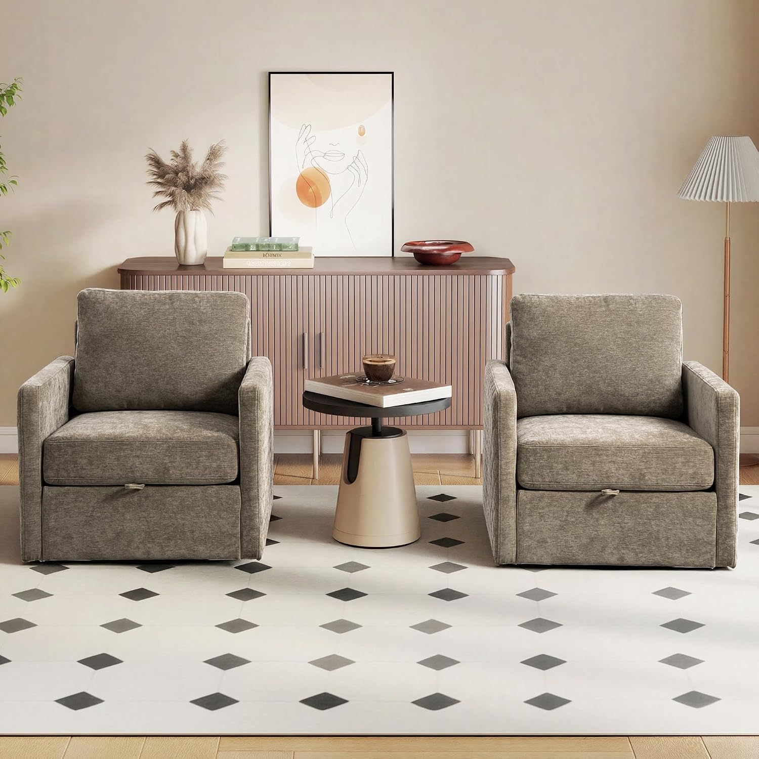 Aoiy & Wifon 29.5''W Swivel Accent Chair, Comfy Modern Square Arm Chair with Hidden Storage for Living Room/Bedroom/Office, Chenille, Taupe