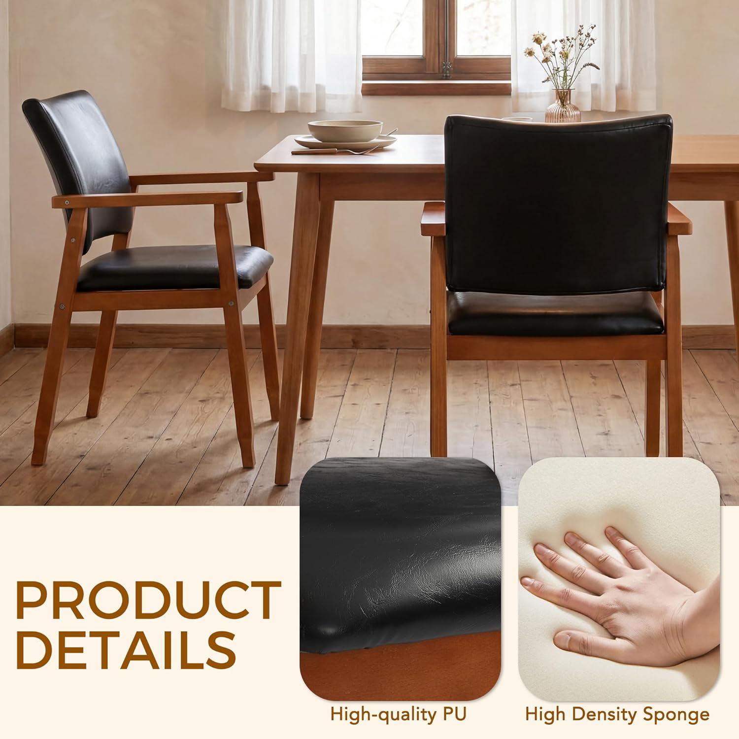 Dining Chairs with Arms Set of 4, Wood Frame Faux Leather Kitchen Chairs, Comfortable Upholstered Accent Chairs for Kitchen, Dining Room,and Living Room(Black)
