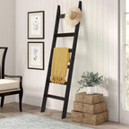 TEAKMAMA 6-Tier Blanket Ladder for Living Room and Bedroom,5.4 Ft Wall Leaning Quilt Rack with Hooks,Rustic Decorative Farmhouse Blanket Storage,Stylish Ladder Holder,Christmas Decorations,Black