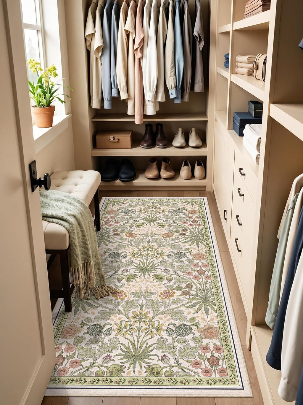 3x6 Washable Non-Slip Entryway Rug: Floral Indoor Runner Rugs Floor Carpet for Hallways Kitchen Bedroom Laundry Bathroom Beside Bed - Stain & Fade Resistant, Boho Botanical Design 3x6 Beige