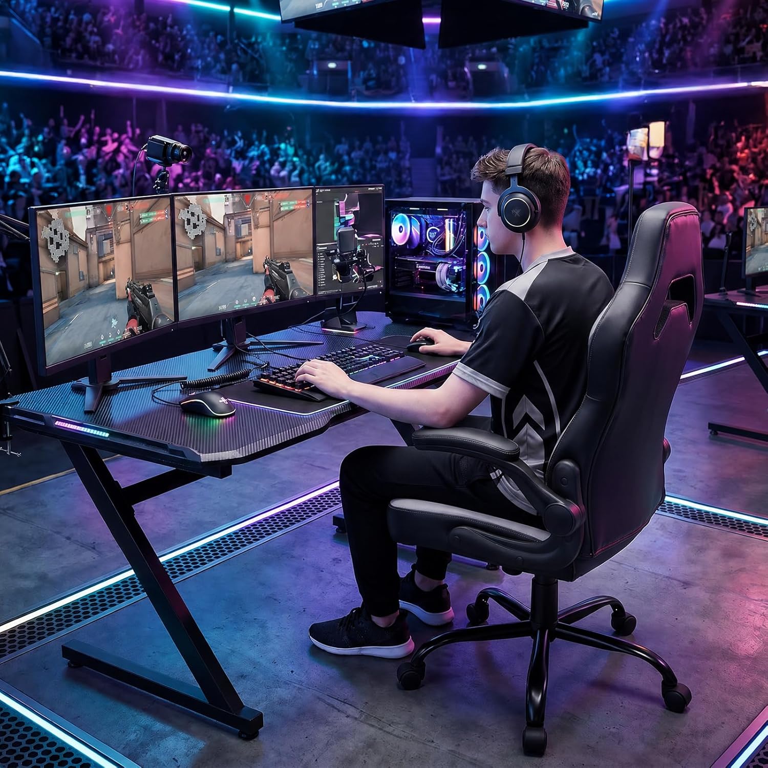 Sweetcrispy Computer Video Game Desk Chair - Ergonomic Comfy Lumbar Support, PU Leather with Flip-up Armrest, Height Adjustable and 360° Swivel, for Adults, Black Grey